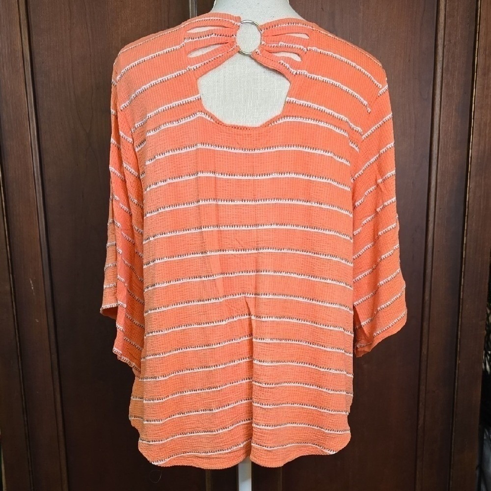 Studio JPR Orange Striped V Neck Back Ring Detail 3/4 Sleeve Top Women's L - Picture 4 of 6